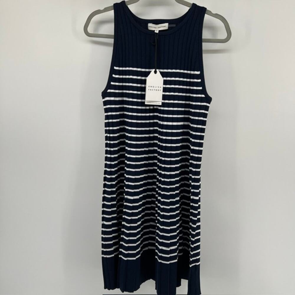 NEW English Factory Pleated A Line Knee Length Dress Womens M Navy Blue Preppy